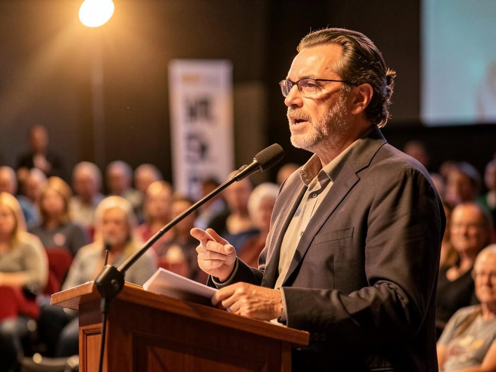 Author reading at a lectern